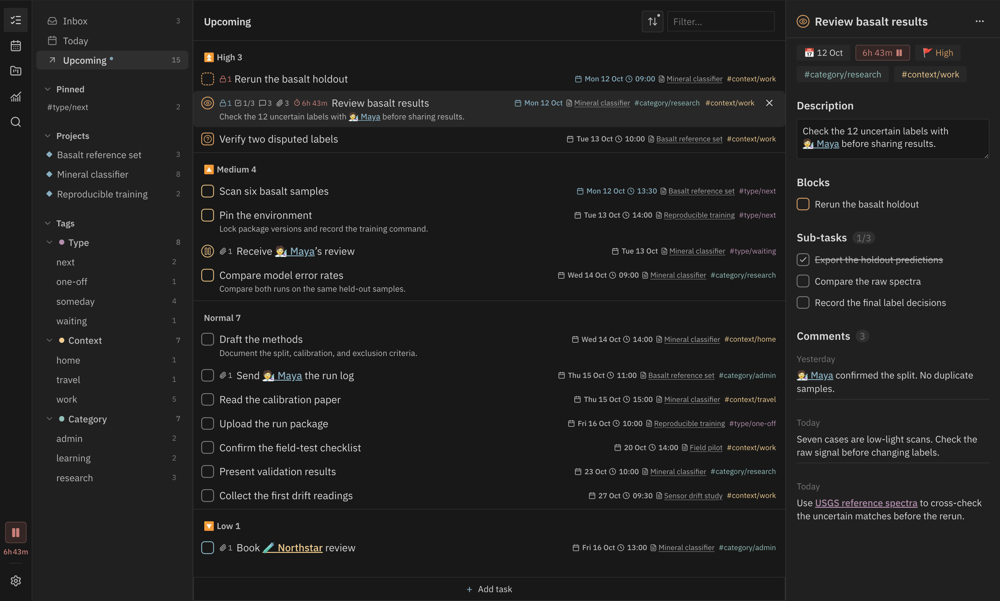 Tasks grouped by priority, with nested tags and a task inspector