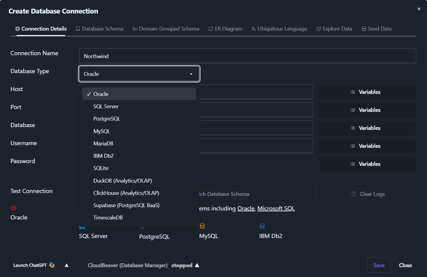 Database Connections — Oracle, SQL Server, PostgreSQL, MySQL, MariaDB, IBM Db2, SQLite, DuckDB, ClickHouse, Supabase