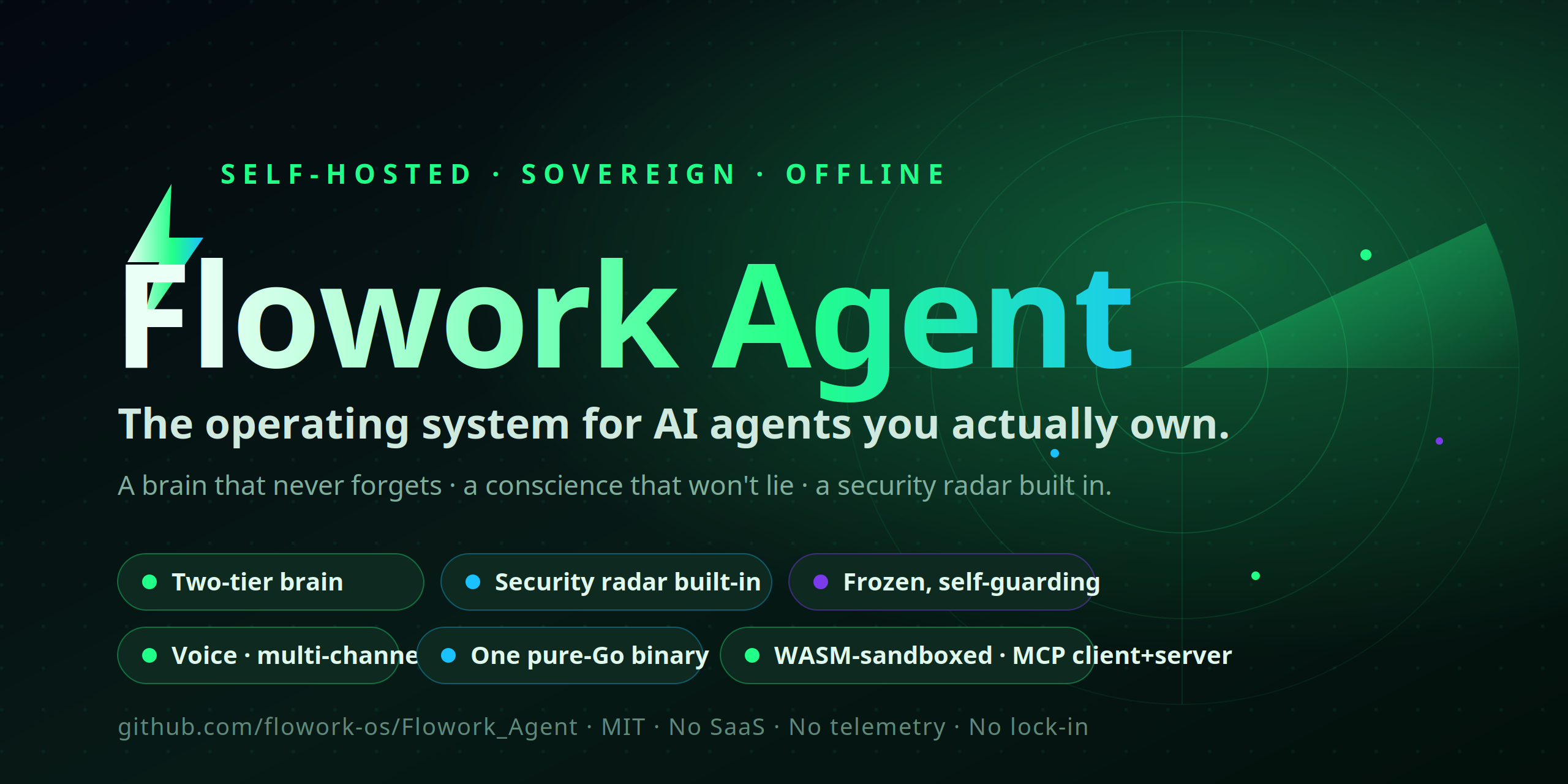 Flowork Agent — the self-hosted operating system for AI agents: own your AI, give it a memory that never forgets, a conscience that never lies, and a security radar built in