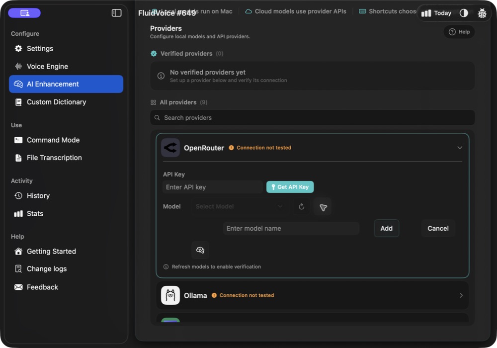FluidVoice custom model entry