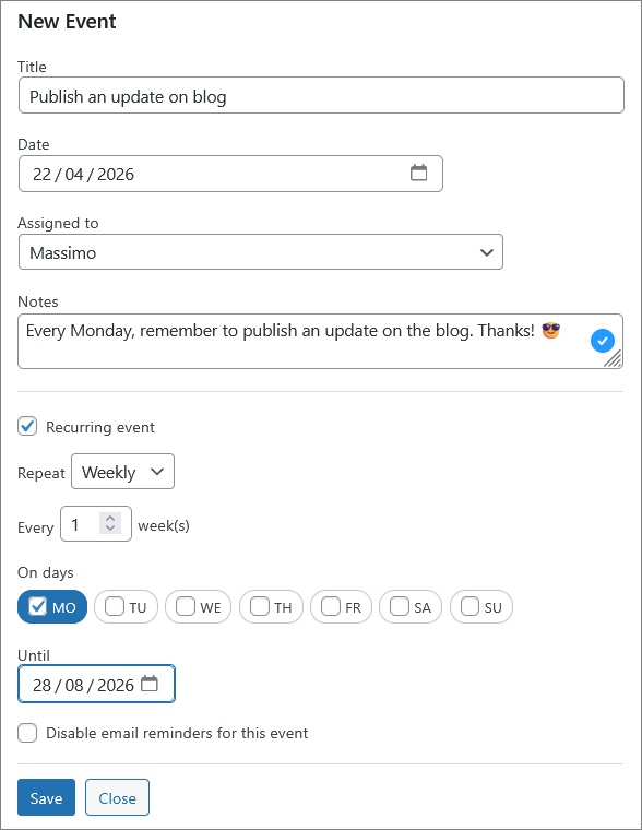 Screenshot Rota - Creating a new recurring event
