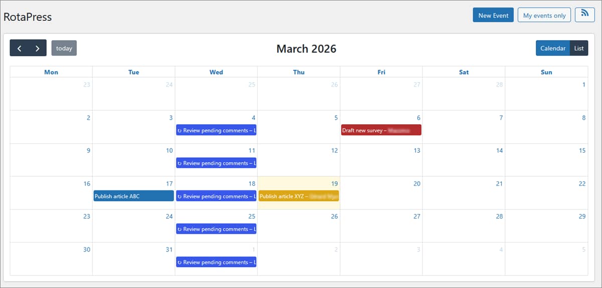 Screenshot Rota - Monthly calendar view