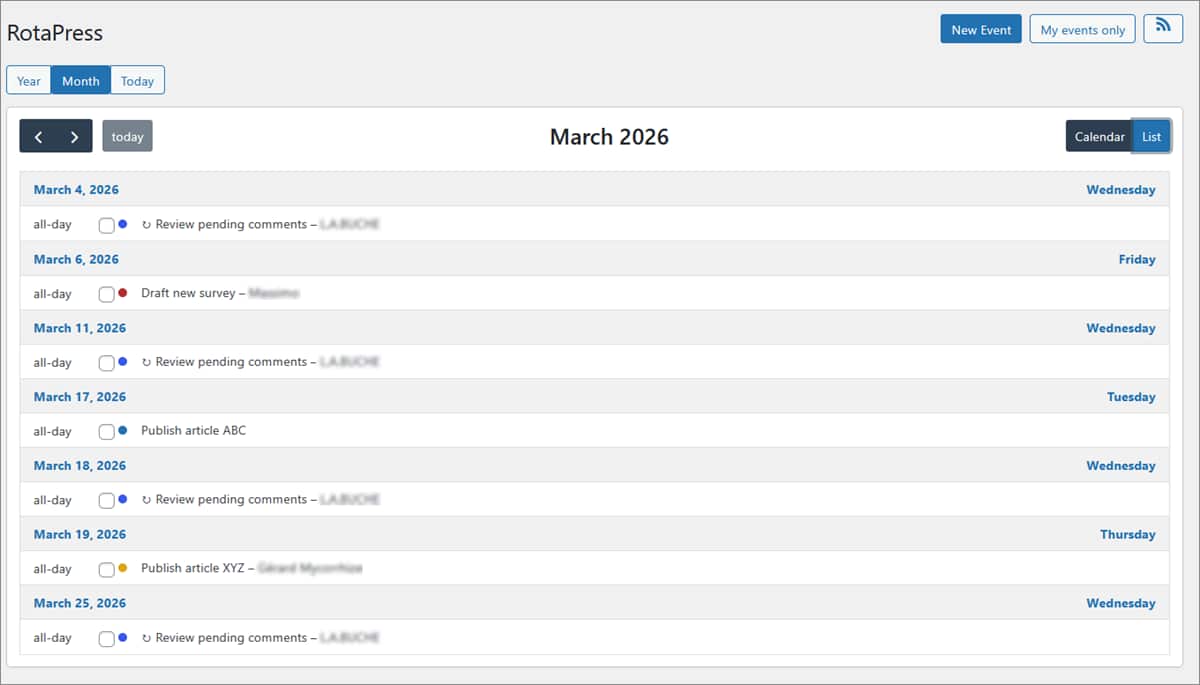 Screenshot Rota - List view