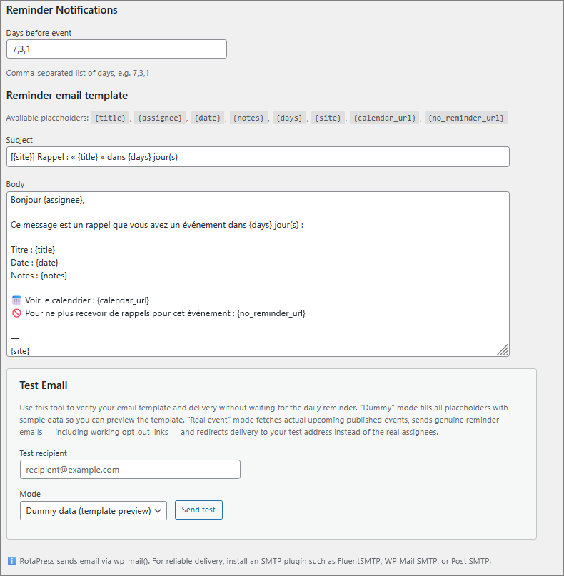 Screenshot setting - Email reminder parameters