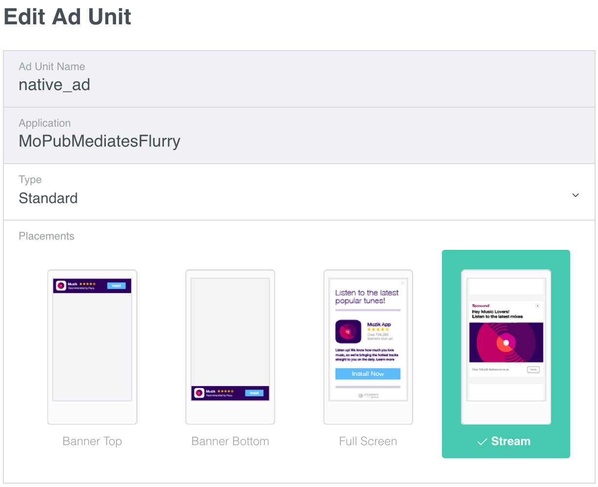 Screenshot showing ad unit navigation on Flurry dev portal