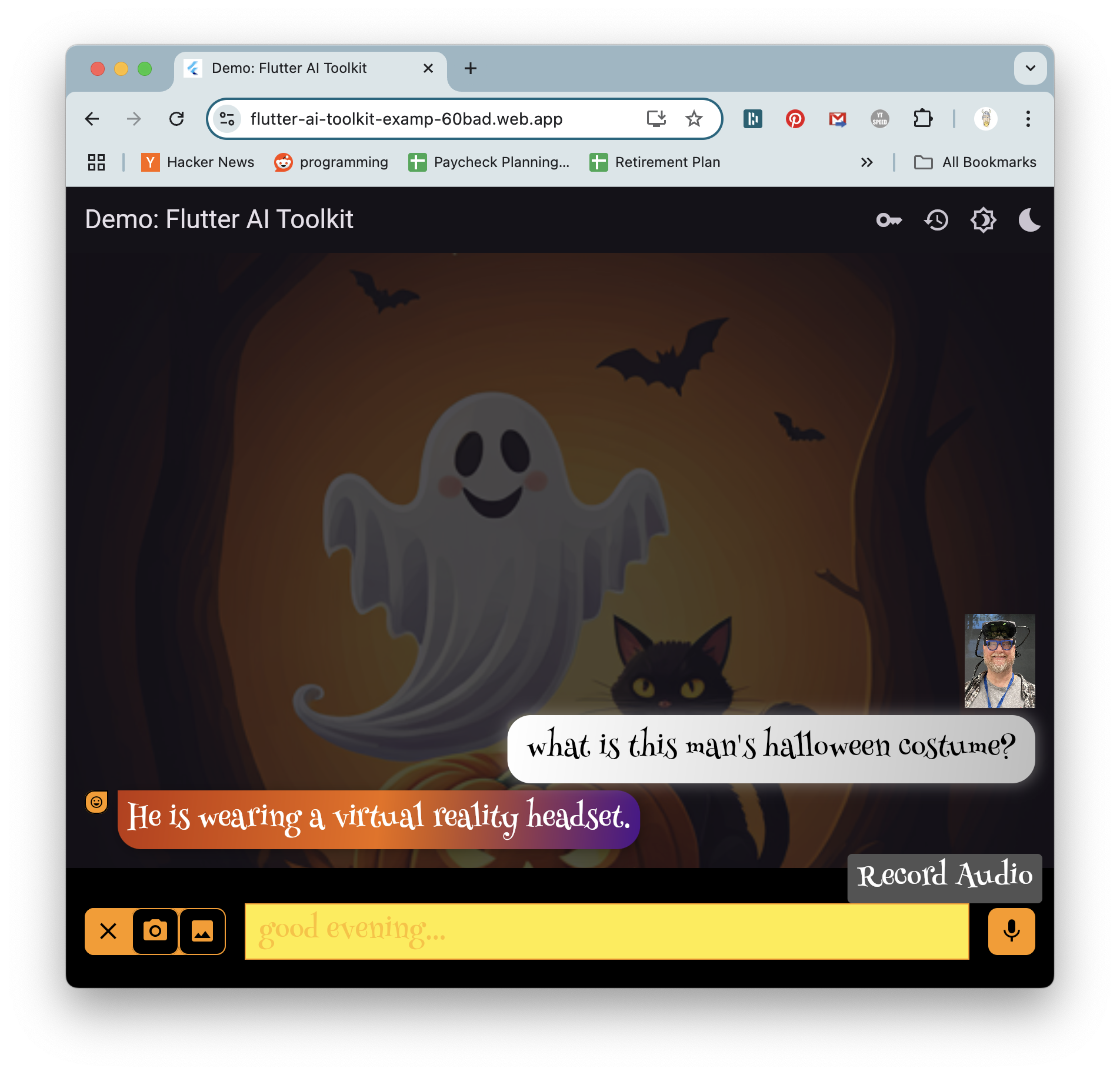 Screenshot of a halloween-themed web app demo using the Flutter AI toolkit.