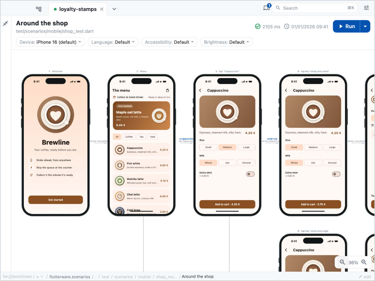 A test of the demo drawn as a flow of phone screenshots