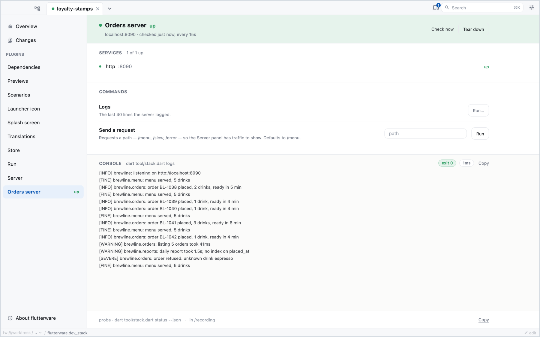 The dev stack panel: the demo's orders server, up, and the log its command
        printed