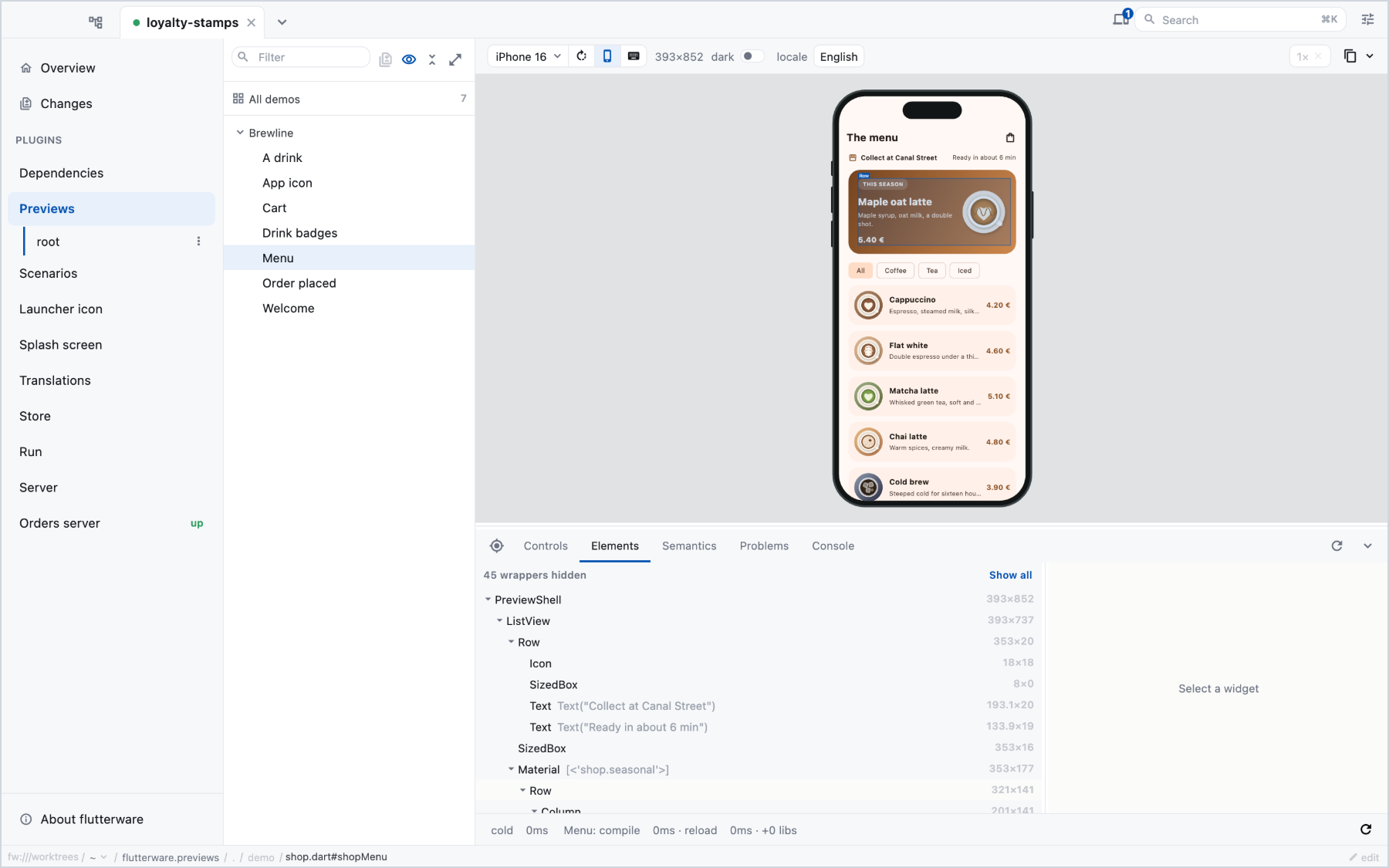 The menu on an iPhone 16 frame, with the Elements tab open under it on the
        widget tree