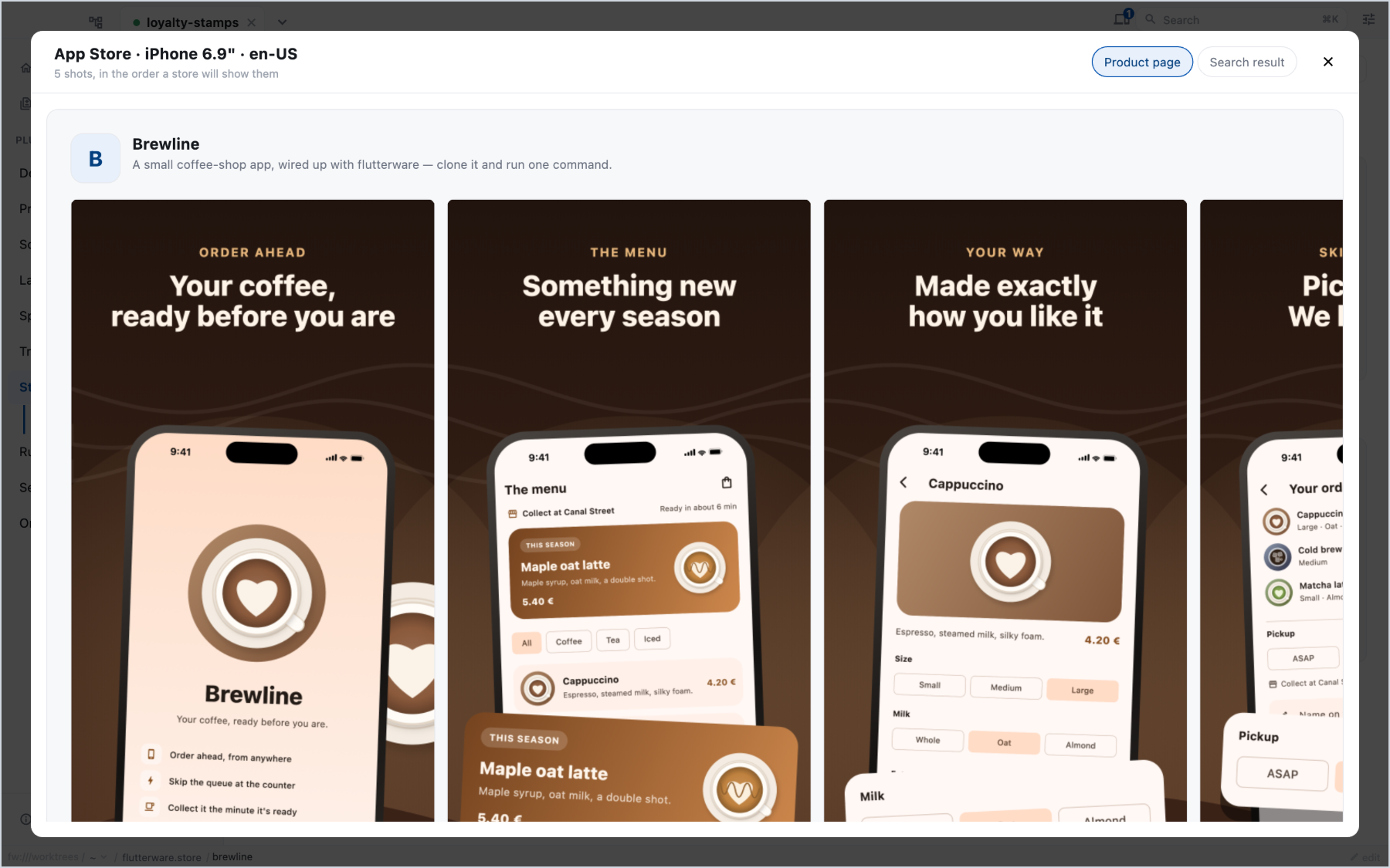 A listing previewed the way the App Store shows it: the app's name and
        description above the demo's five images