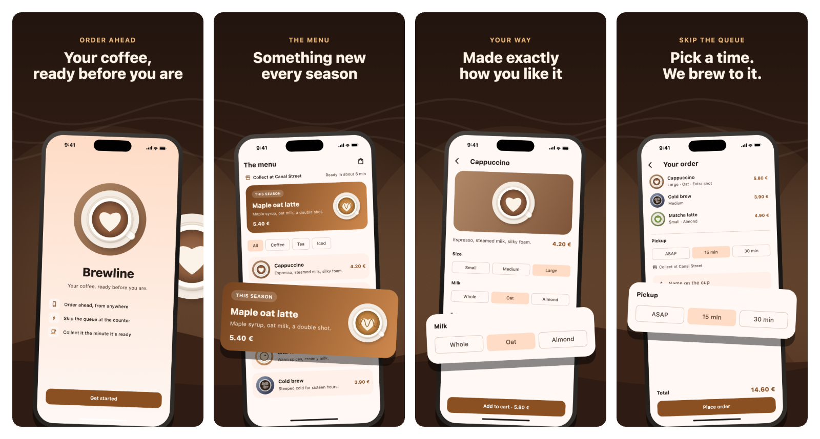 Four finished App Store images from the demo: a headline over a leaning
        phone on each, one of the app's own widgets lifted out of the screen, and one
        continuous scene running behind all four