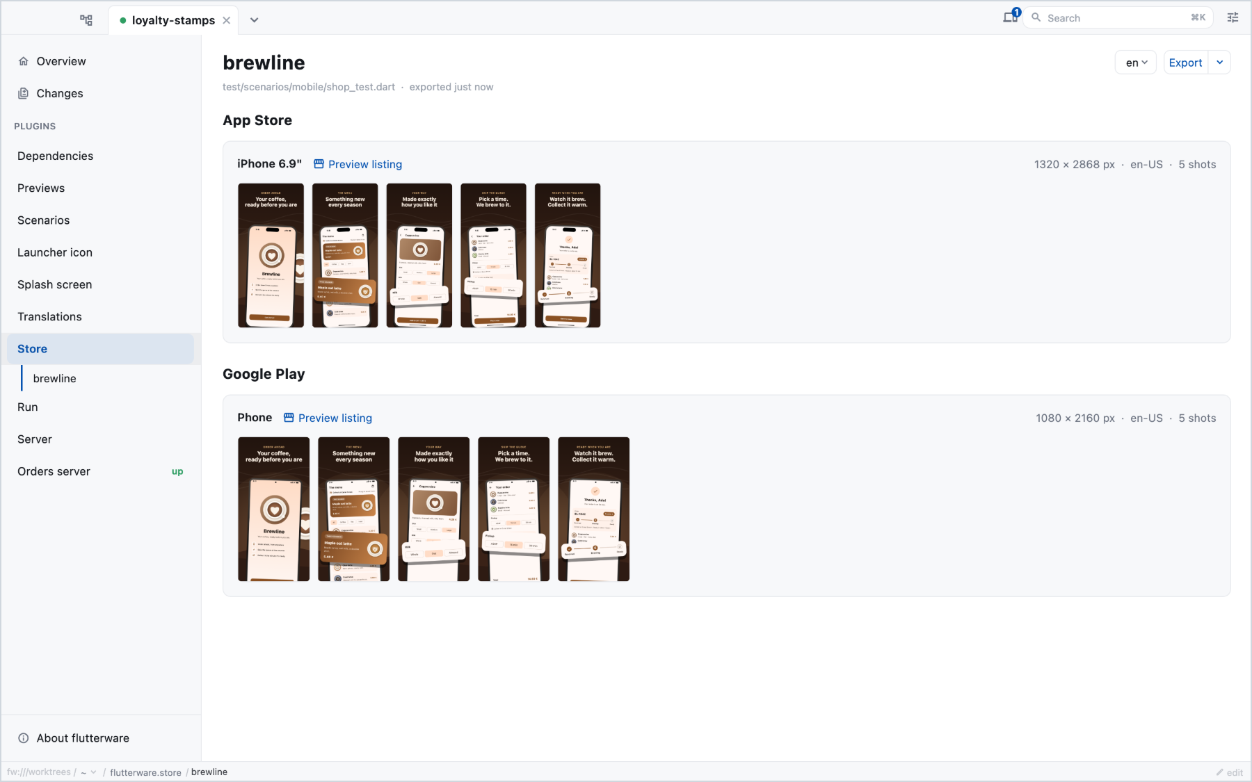 The store panel: the demo's App Store and Google Play rows, five finished
        images each
