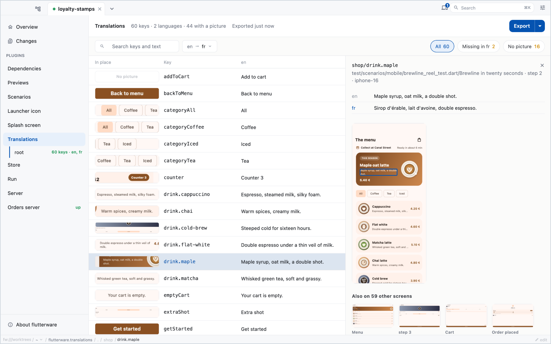 The translations table: each key with a picture of the string on screen, its
        English text and its French text, and one key opened on the screen it appears
        on