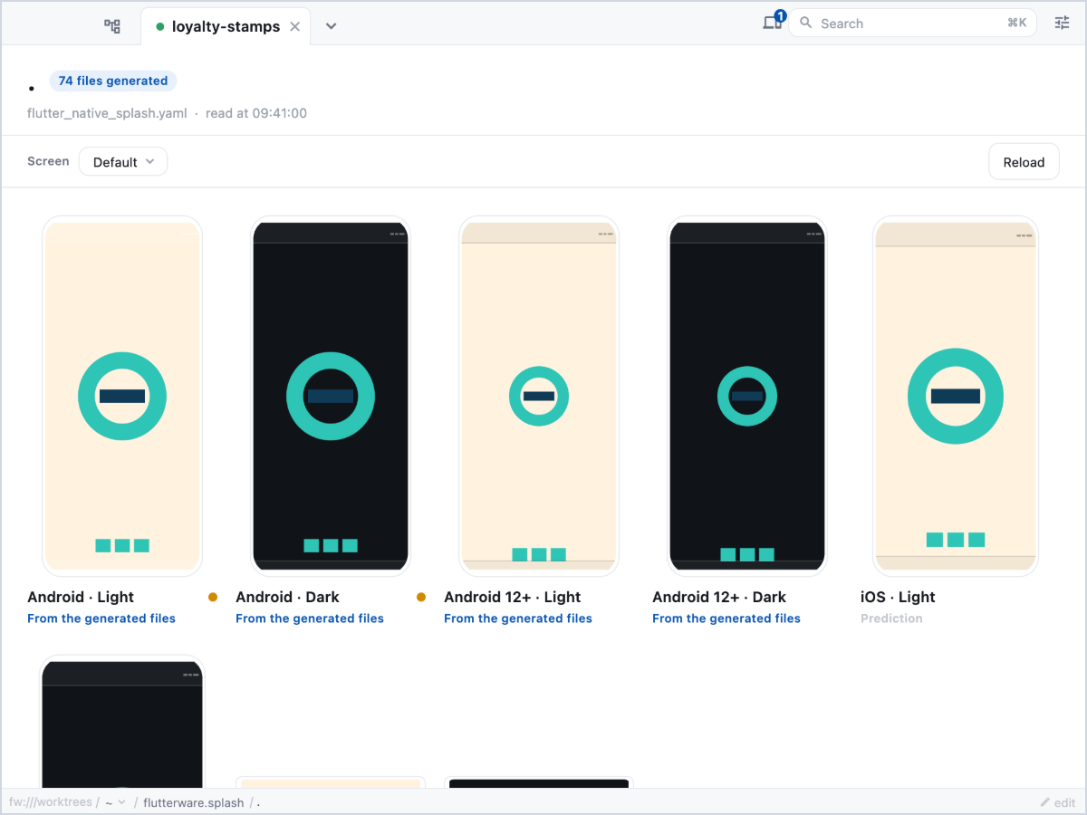 The splash panel: every launch surface a config produces, on Android and iOS, in light and in dark