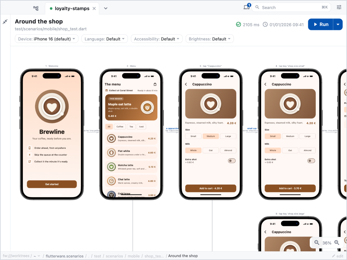 A test of the demo drawn as a flow of phone screenshots