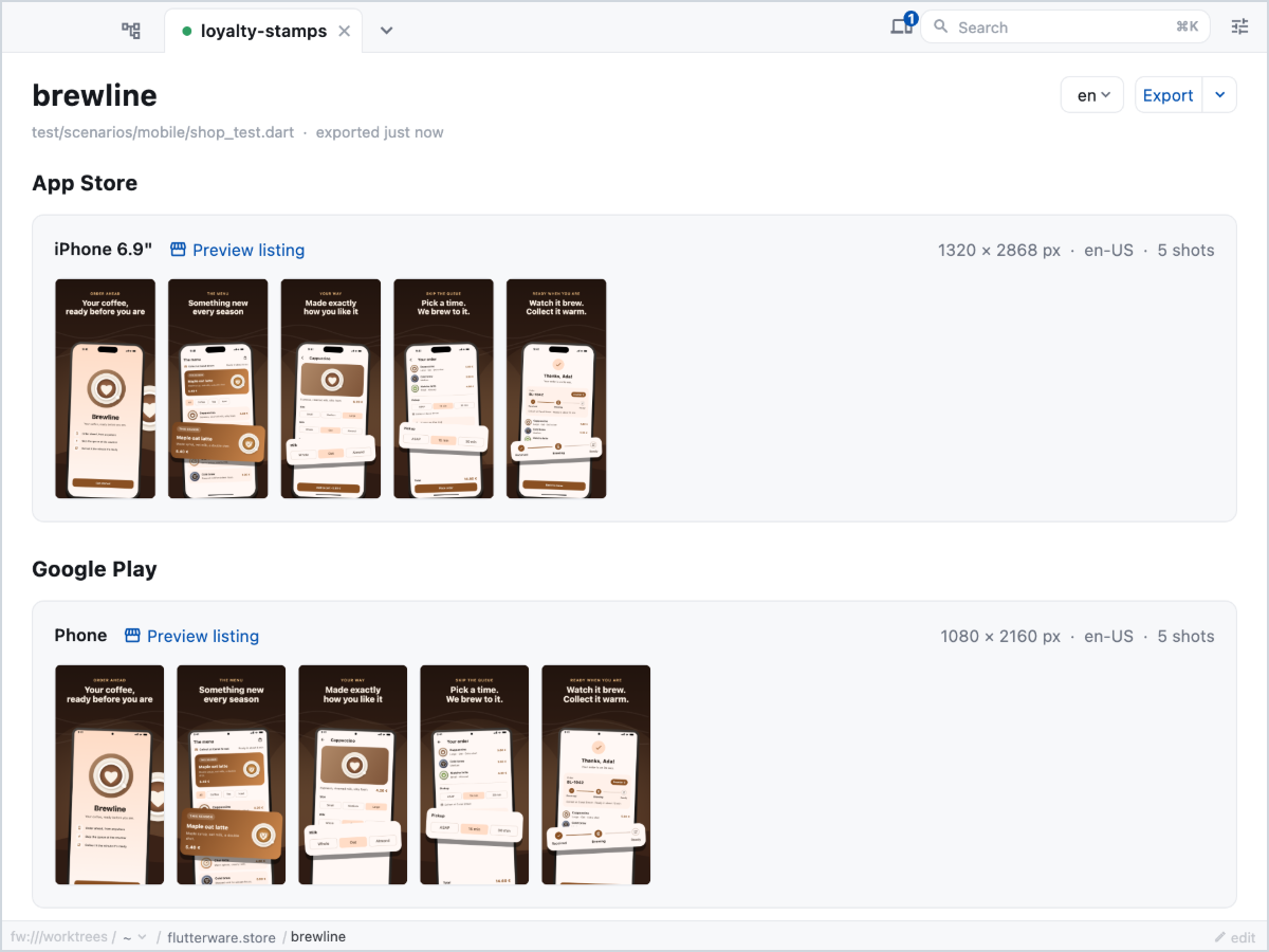 App Store and Google Play rows of finished store images