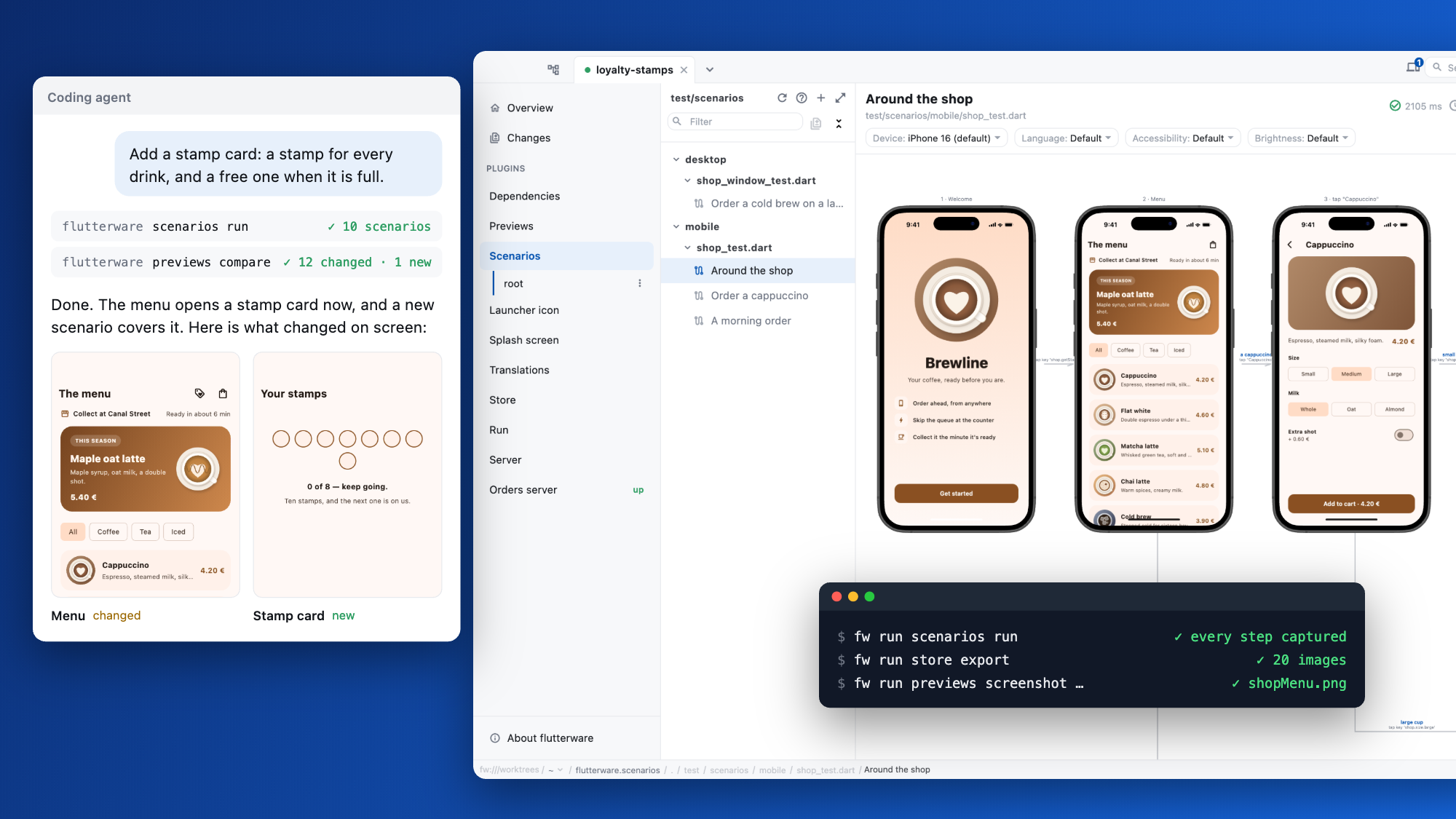 The studio drawing a test of the demo coffee shop as a flow of phone screenshots, a coding agent's session reporting the feature it was asked for with the two screens it changed, and the commands a terminal takes