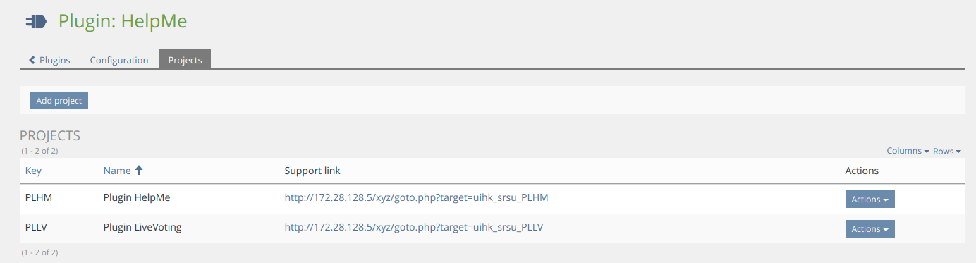 Config projects table