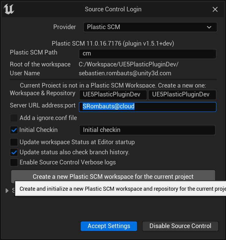 Source Control Login window - create a new workspace on cloud