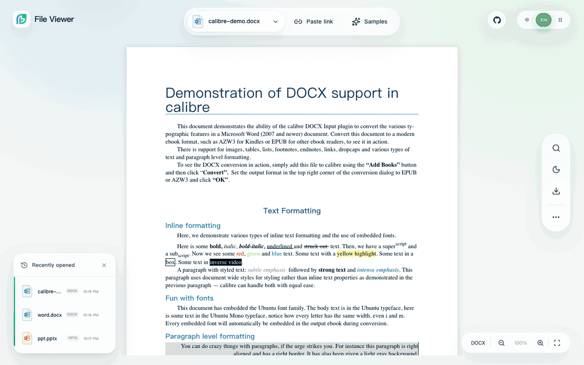 File Viewer English product demo showing rich DOCX, PPTX, DWG, and interactive 3D STEP previews in the immersive workspace