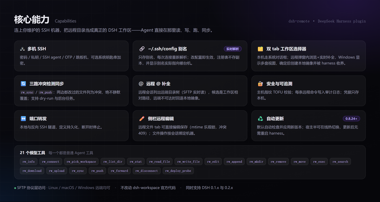核心能力总览 — 多机 SSH / 别名实时解析 / 双 tab 选择器 / 三路同步 / 远程 @ 补全 / 安全审计 / 端口转发 / 侧栏编辑 / 自动更新，以及 20 个 rw_* 工具