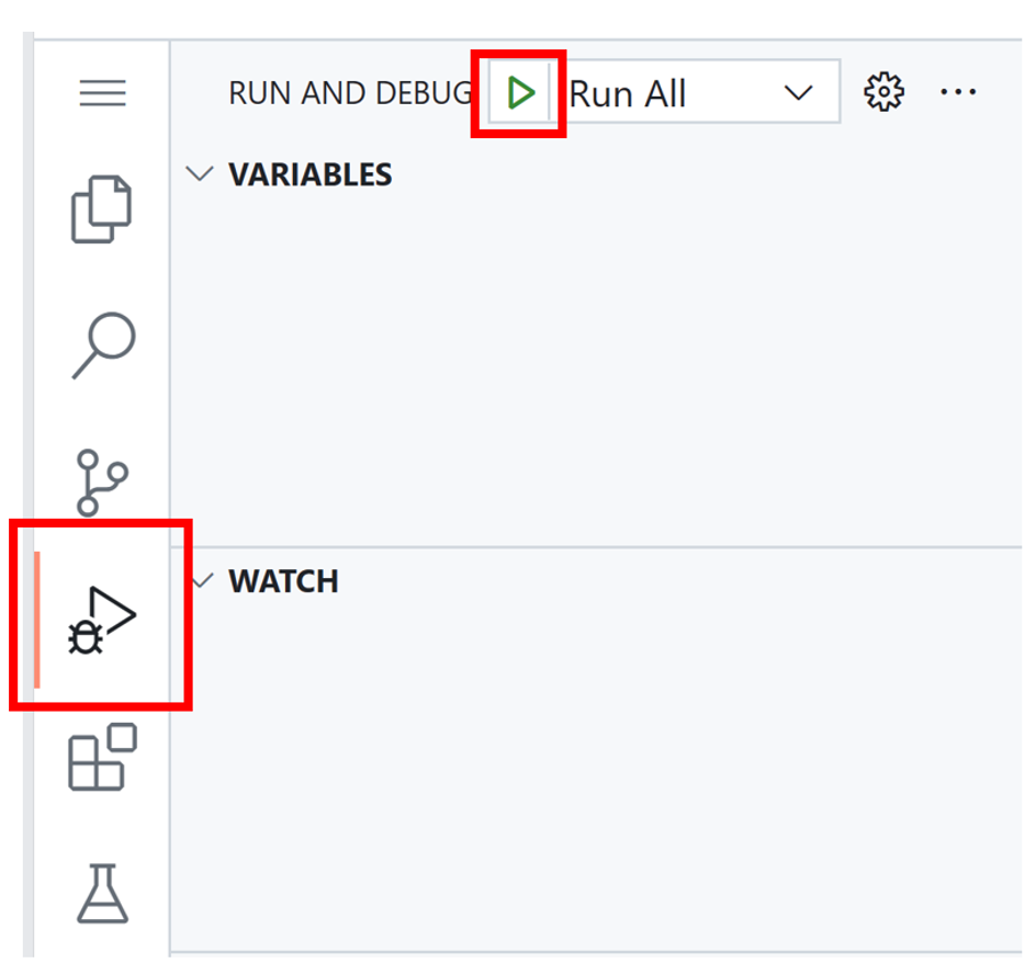 Debug menu in VS Code showing Run All