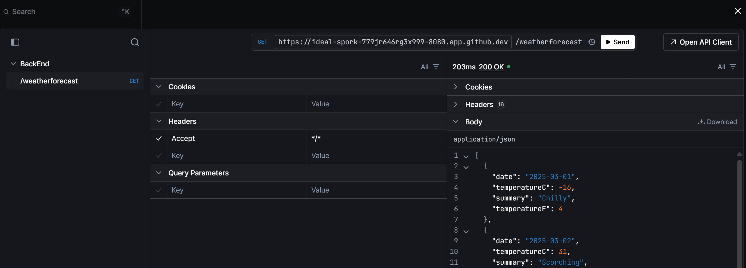 "UI showing testing an API"