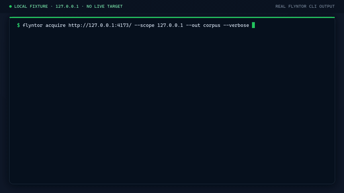Flyntor acquiring a controlled localhost fixture, restoring seven source files, and finding five endpoints offline