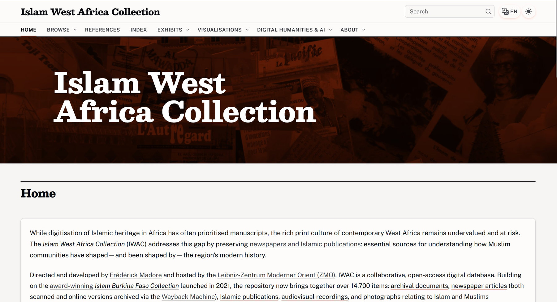 The Islam West Africa Collection homepage at islam.zmo.de — featured items, a search box, and browse-by-country links
