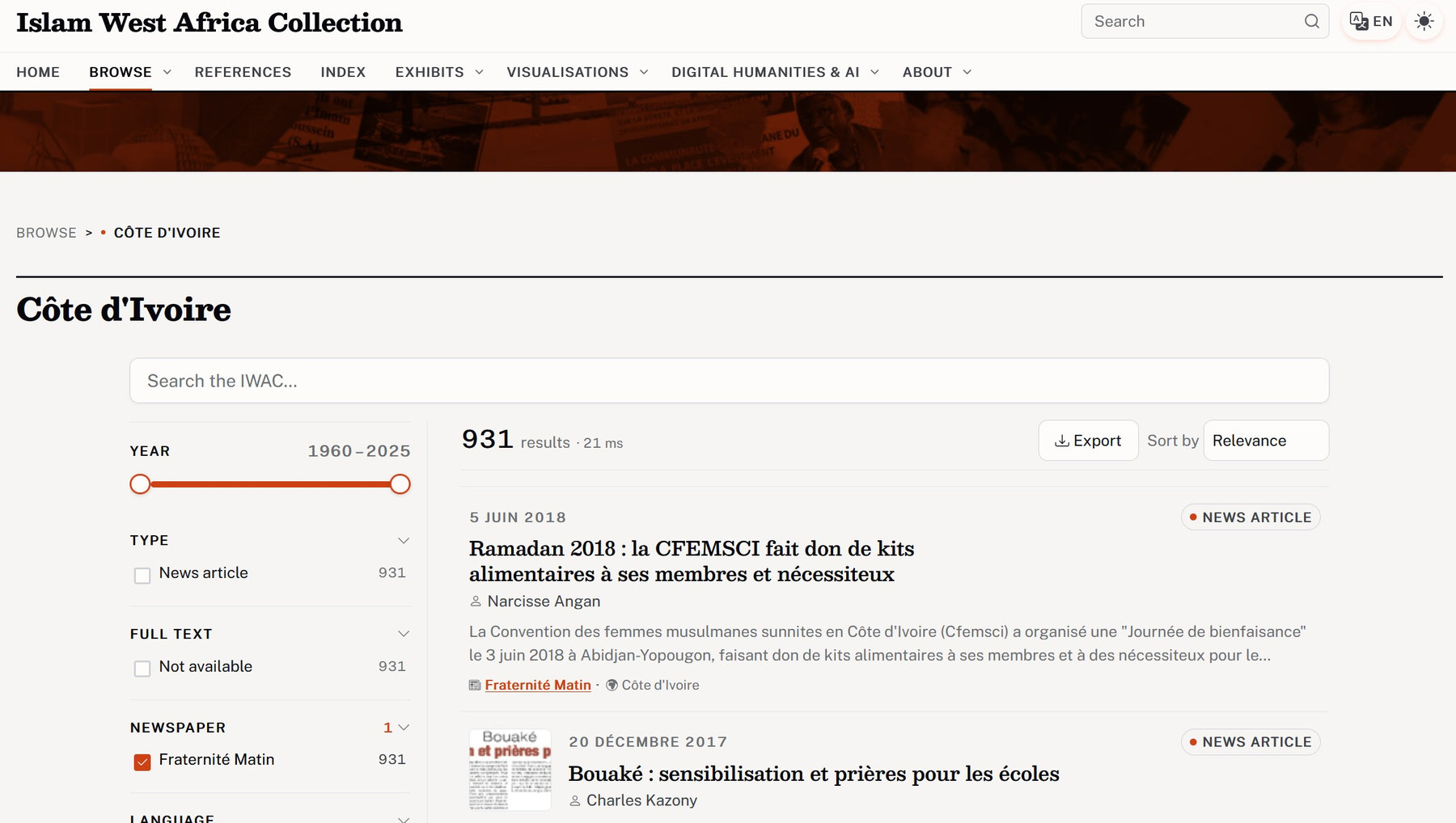 The IWAC faceted search interface — year slider, type, newspaper and language filters