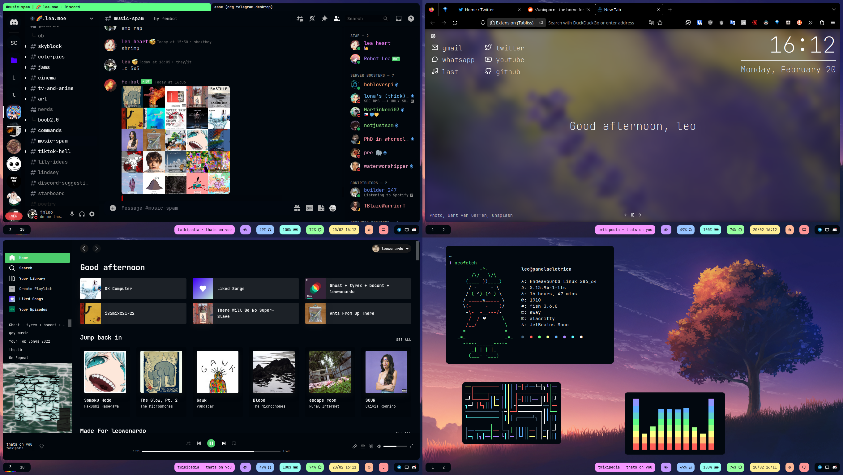 screenshot showing 4 screens, from left to right, top to bottom there is a window showing discord, firefox spotify and 3 terminals, one showing neofetch, the others running cava and pipes.sh