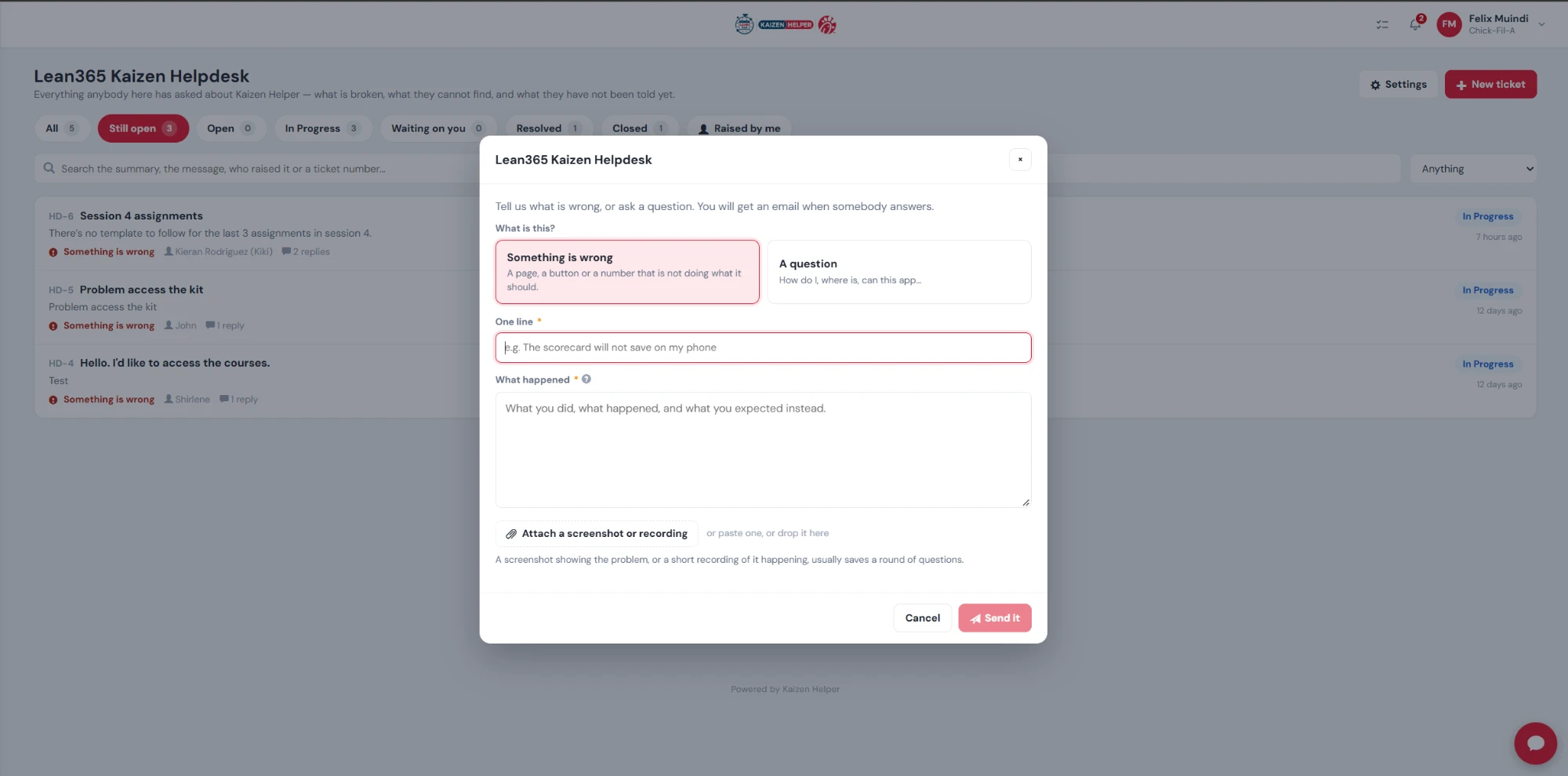 Lean365 Kaizen Helpdesk dashboard
