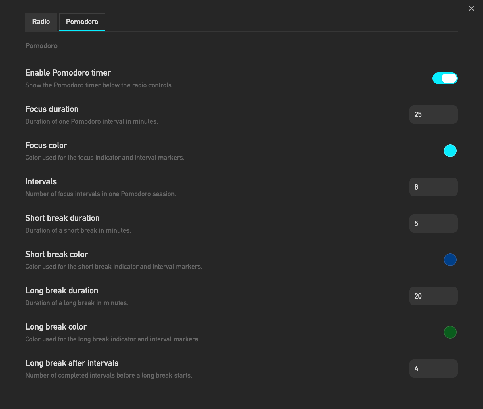 Pomodoro settings