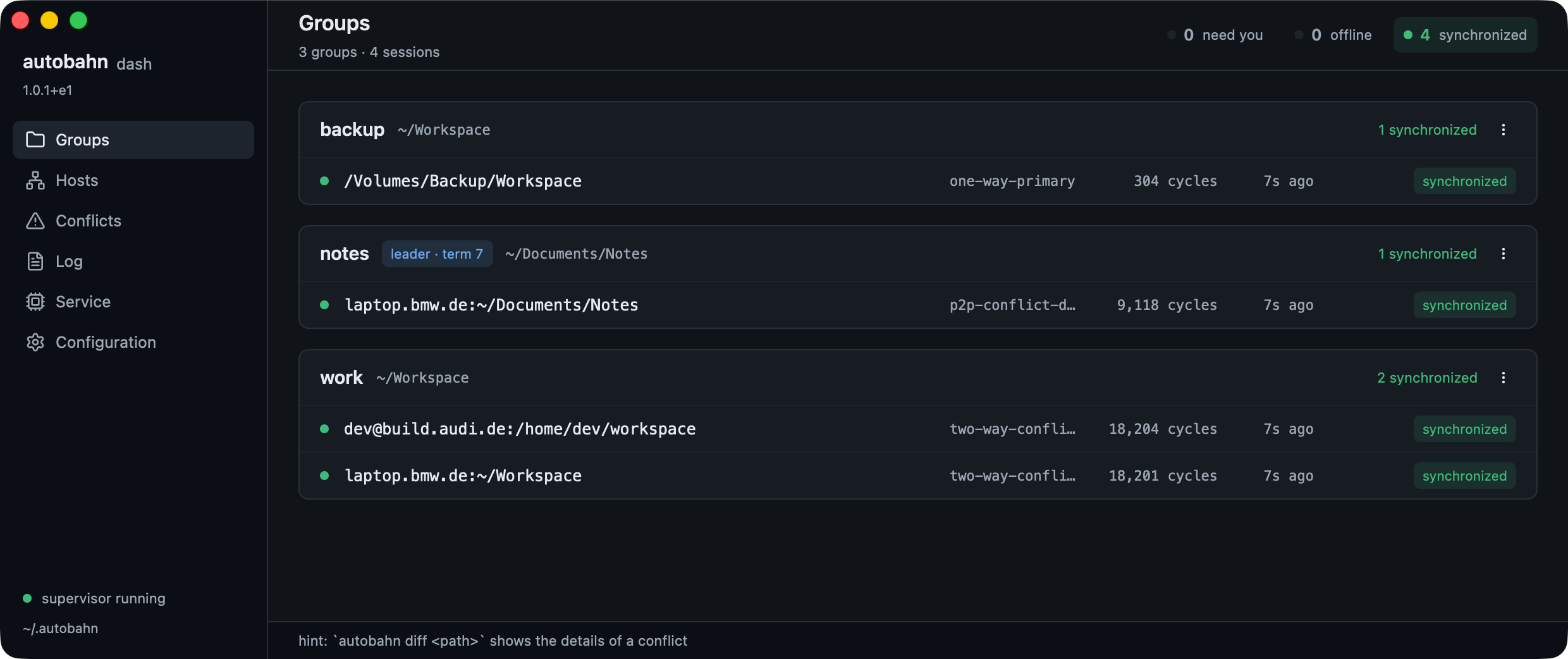 App showing three sync groups across four sessions, all synchronized
