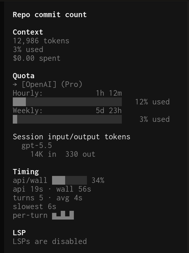 The Timing panel in OpenCode's sidebar — api/wall 34%, api 19s · wall 56s, turns 5 · avg 4s, slowest 6s — sitting between the built-in Quota and LSP sections