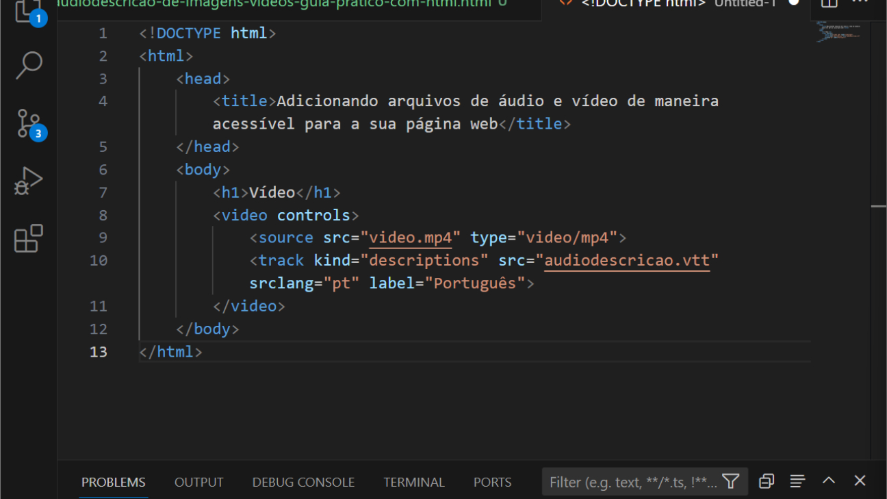 Captura do Visual Code exibido um exemplo de código HTML