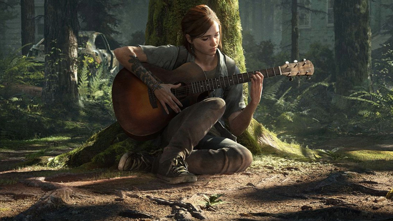 Ilustração digital da personagem principal do jogo sentada no chão e encostada em uma árvore, tocando violão.