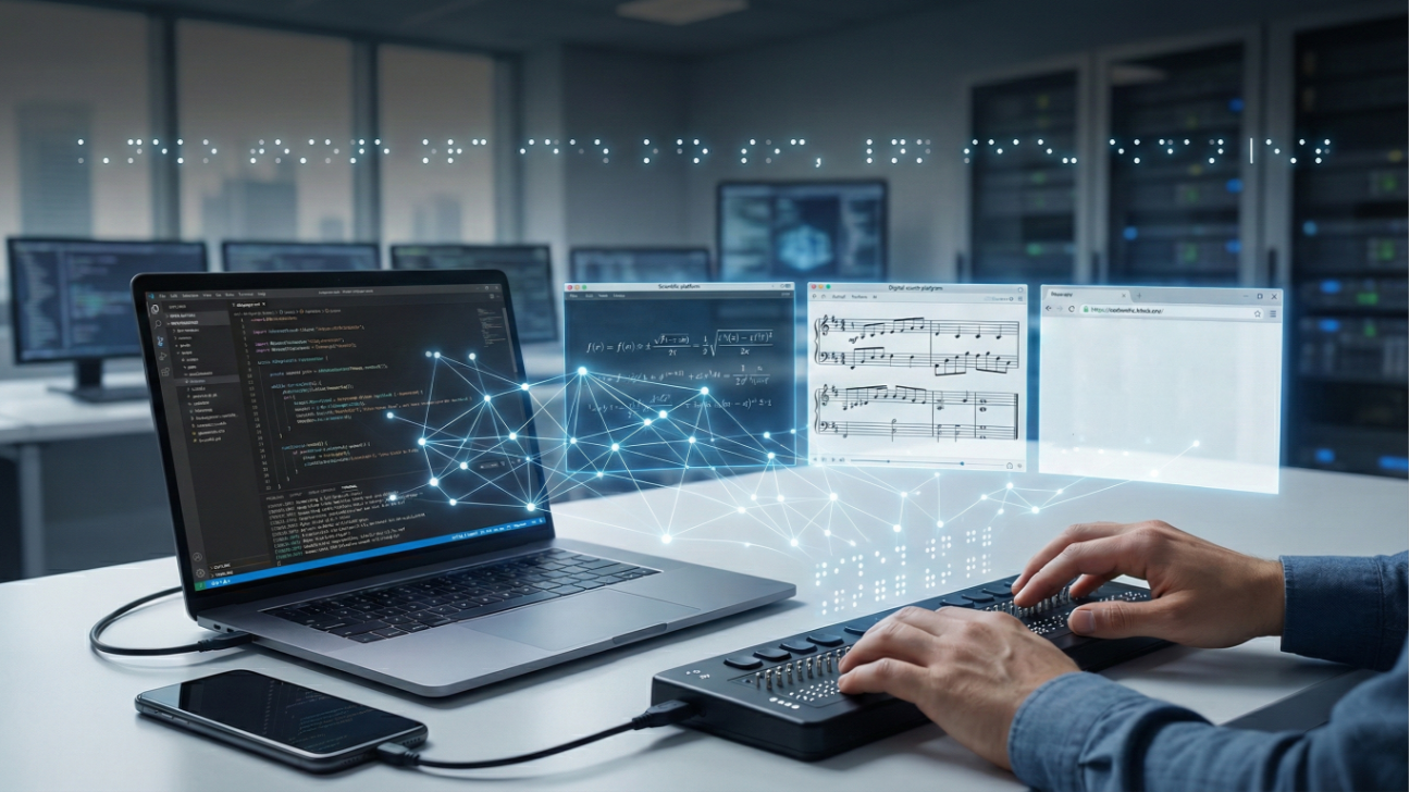 Braille na era digital: tecnologia viva, ainda pouco considerada Imagem em ambiente tecnológico moderno, semelhante a um laboratório ou data center, com servidores desfocados ao fundo. Sobre uma mesa, há um notebook aberto exibindo código de programação na tela, ao lado de um smartphone conectado por cabo. À frente do notebook, uma pessoa utiliza um display braille eletrônico com as duas mãos. Ao fundo, outras visualizações simulando monitores mostram fórmulas matemáticas, partituras musicais e interfaces digitais. Entre as telas, há elementos gráficos luminosos que simulam conexões de dados e pontos em braille.