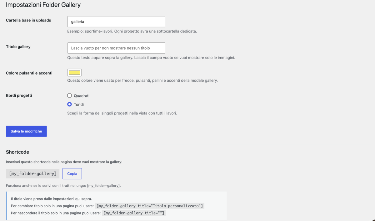 Folder Gallery settings page