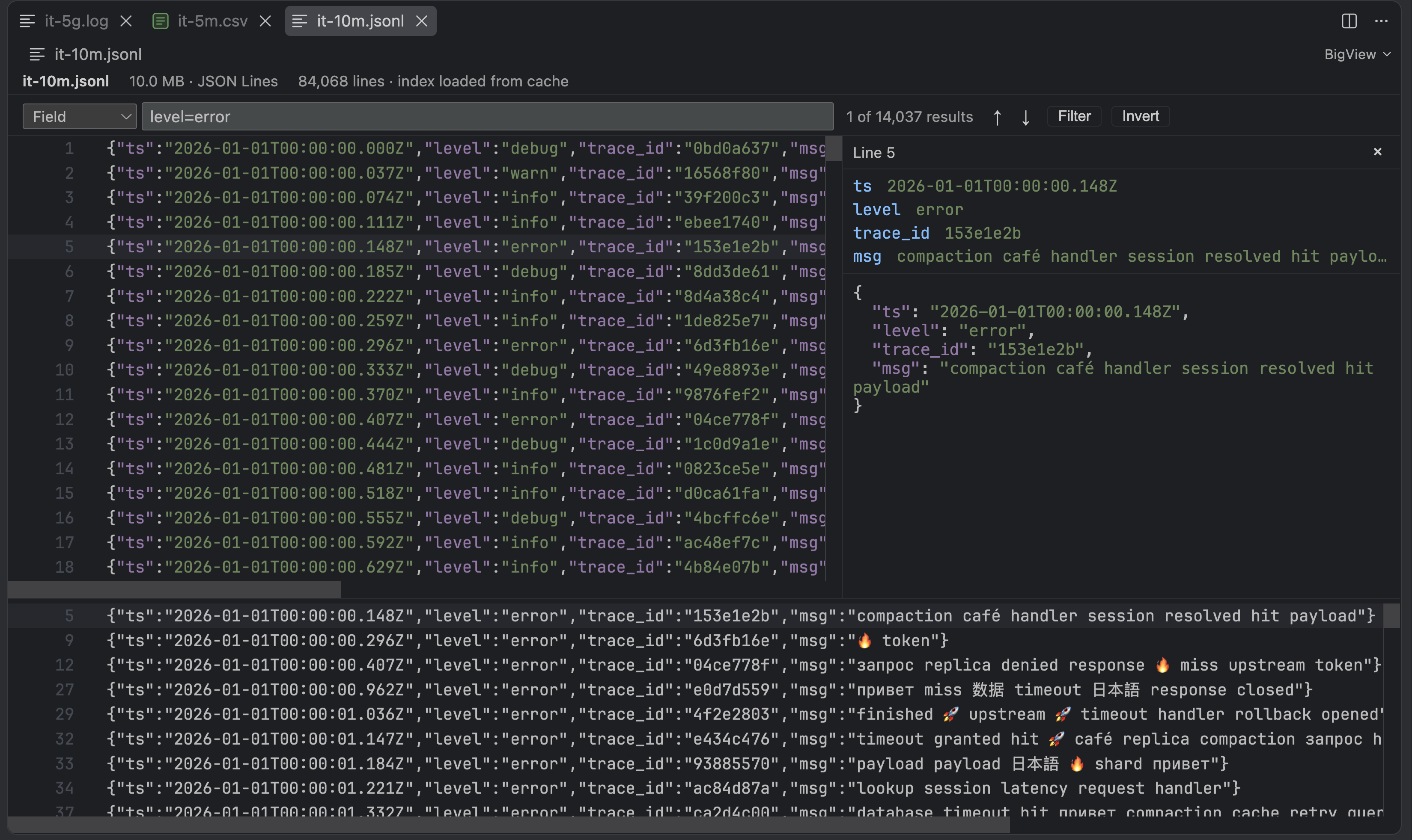BigView — JSON Lines with a field filter and the details panel