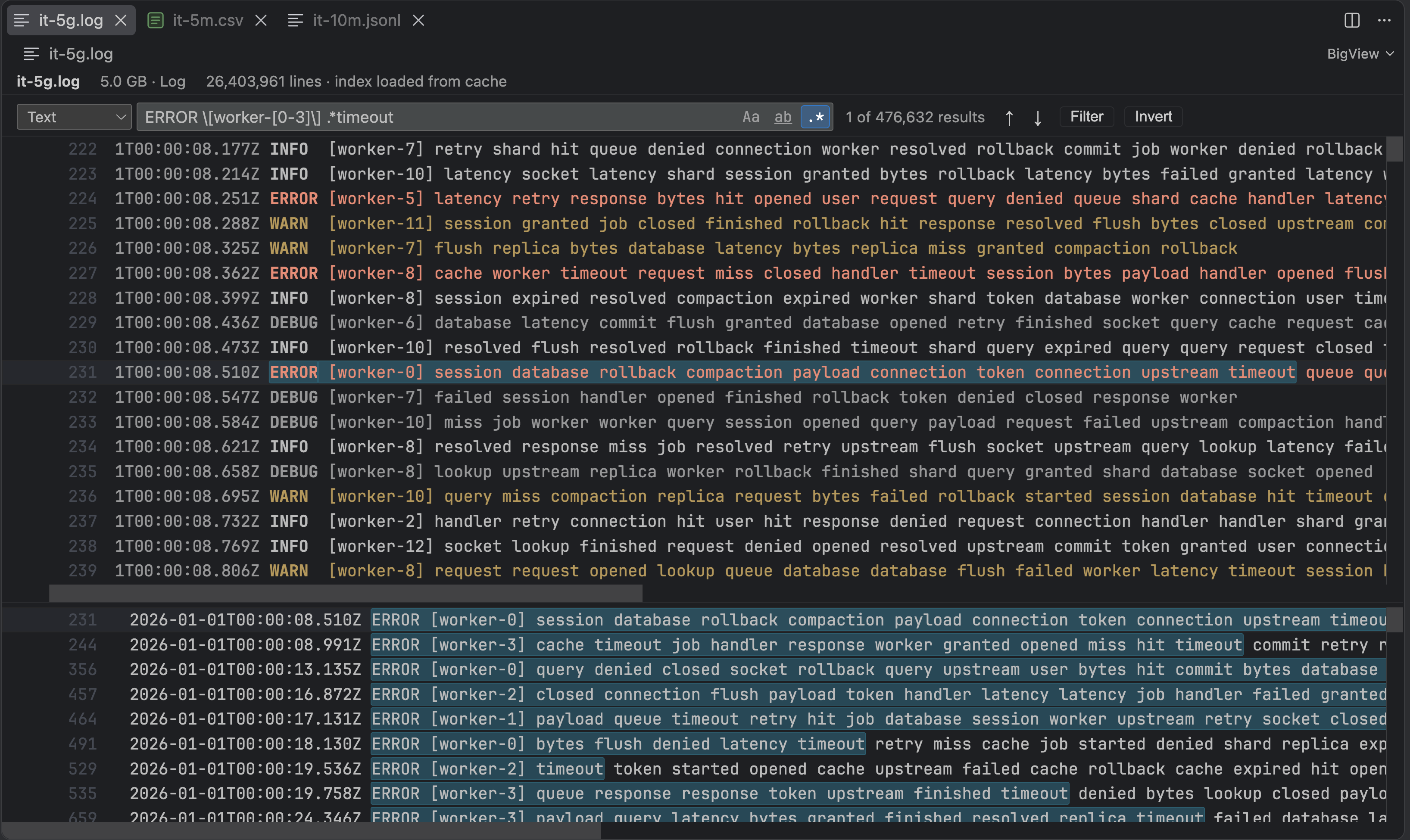 BigView — 1 GB log with a regex search