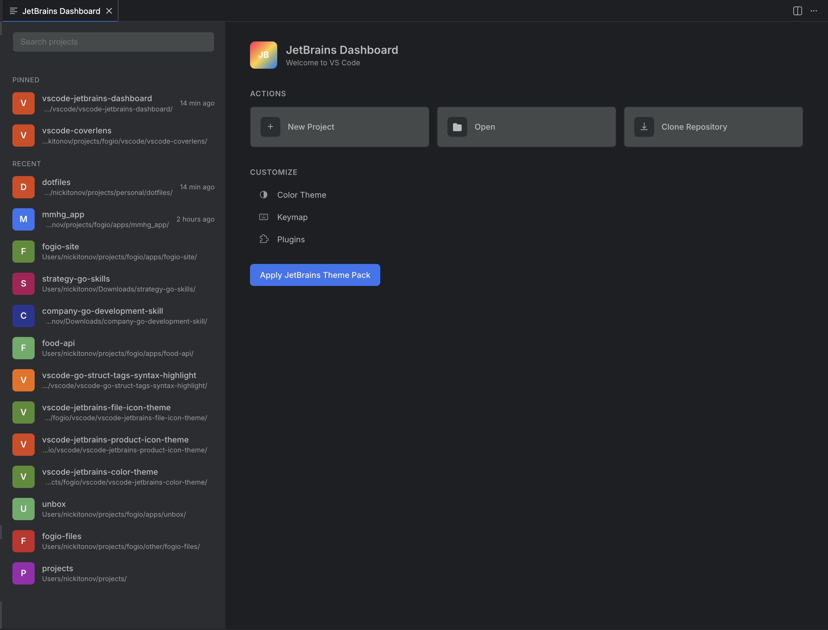 JetBrains Dashboard — Dark Theme