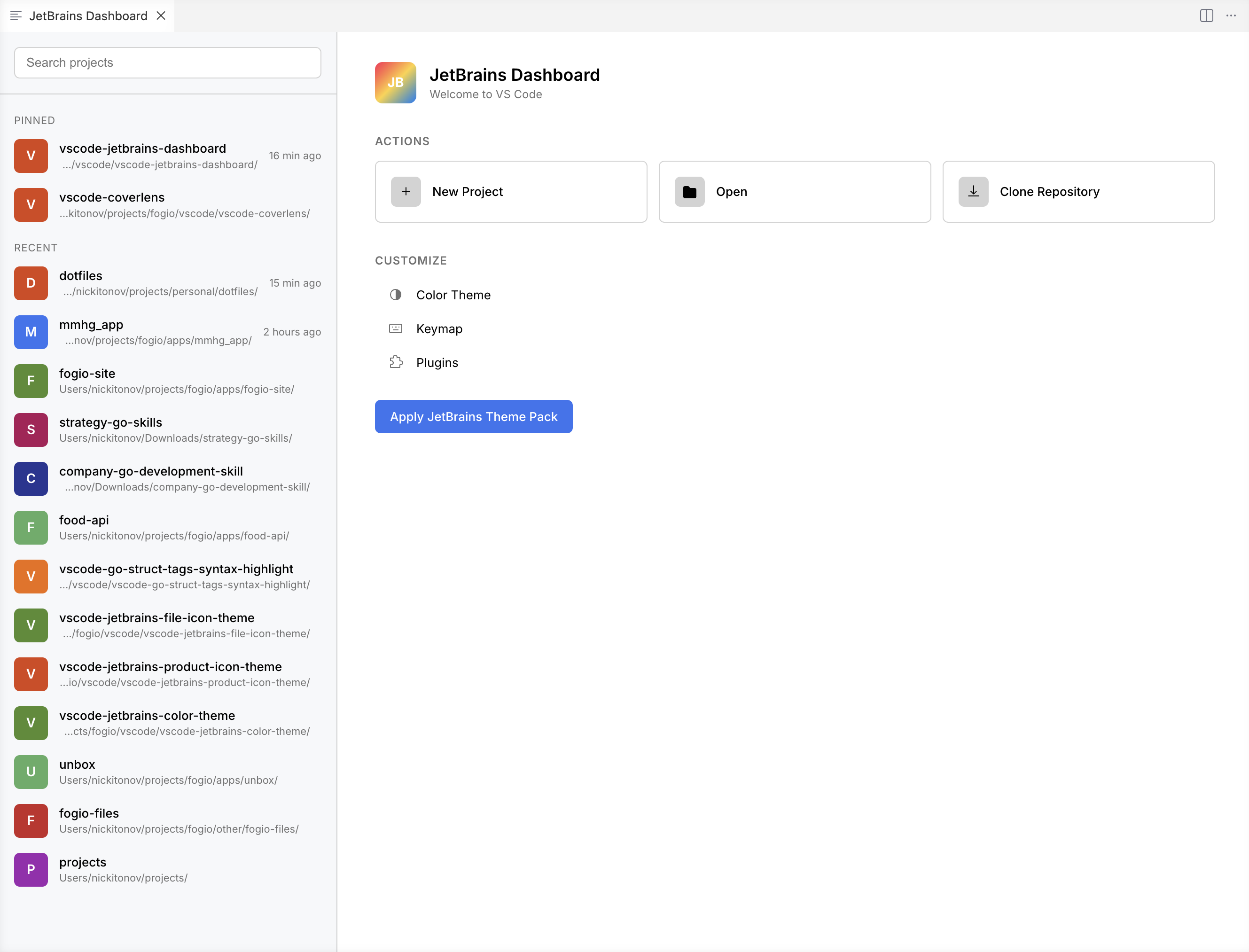 JetBrains Dashboard — Light Theme