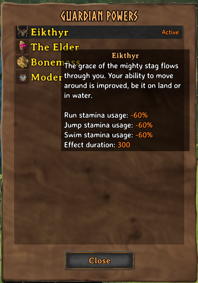The Guardian Powers window: one row per power this character has taken, the active one marked, and the hovered power's description