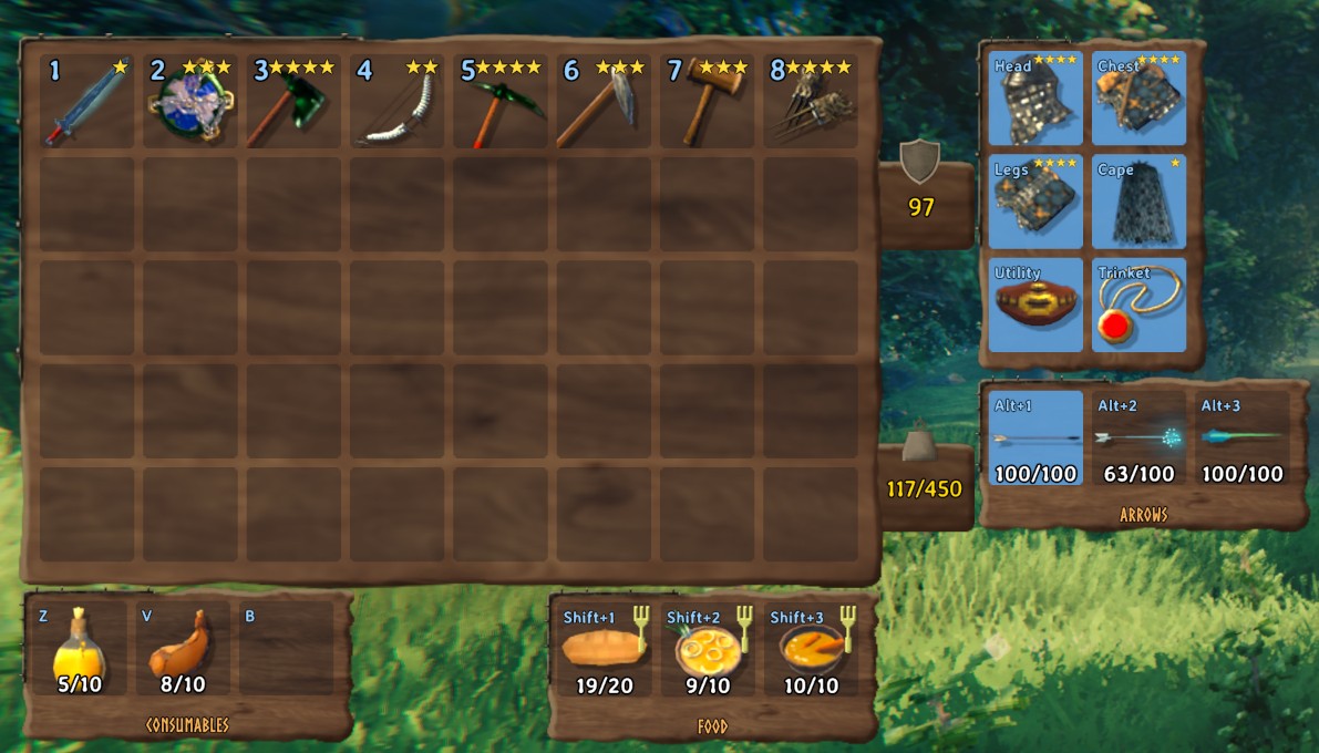 The inventory with the equipment, arrow, consumable and food panels beside it, each slot showing its hotkey, and quality stars on the hotkey bar