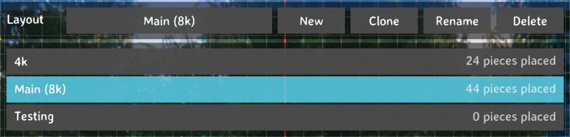 The layout bar in edit mode, with the list open: three layouts and how many pieces each has placed