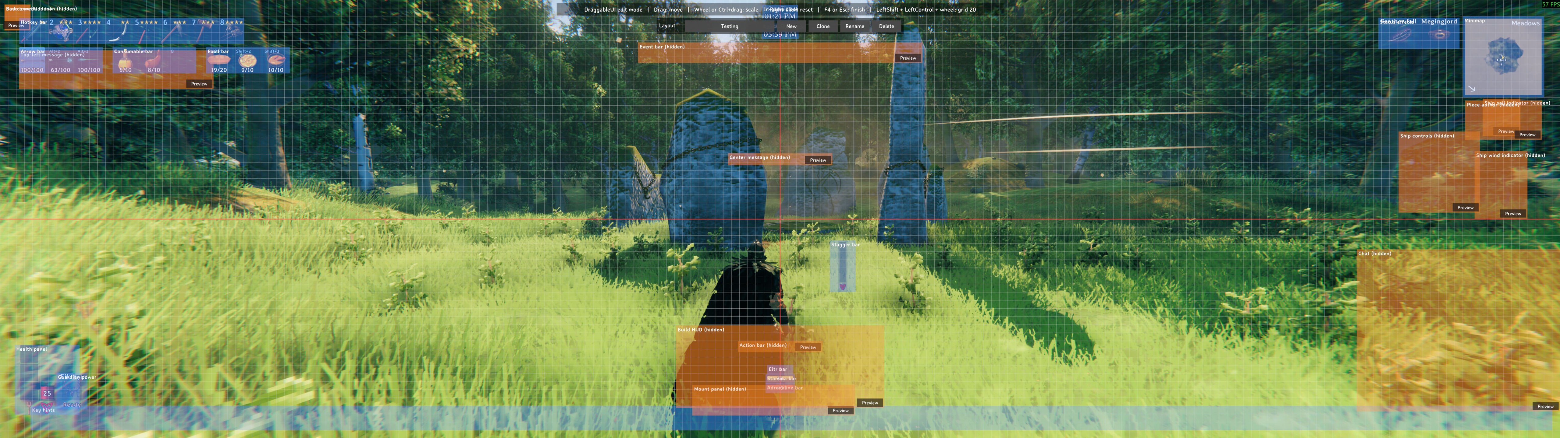 A new layout in edit mode: every piece back where the unmodded game puts it, ready to be arranged