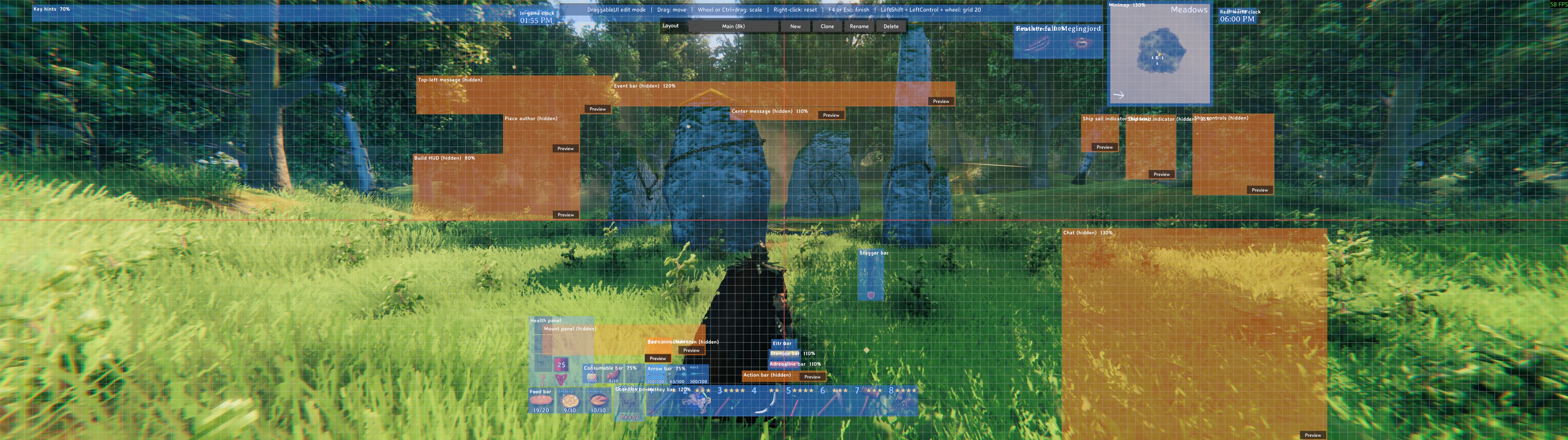 Edit mode on an 8K ultrawide screen: every piece of the HUD in its own box, placed where the player wants it