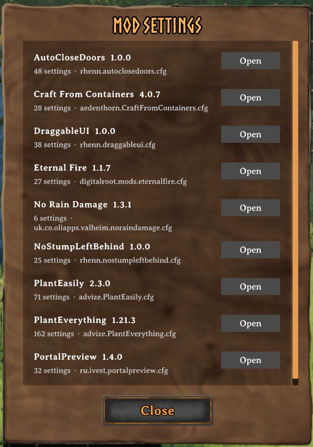 The Mod settings window: every installed mod with settings, with its version, its number of settings and its config file name, and an Open button each