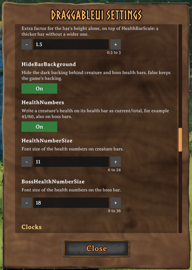 One mod's settings: each entry with its description and a control that fits it, switches, numbers with minus and plus, and the allowed range